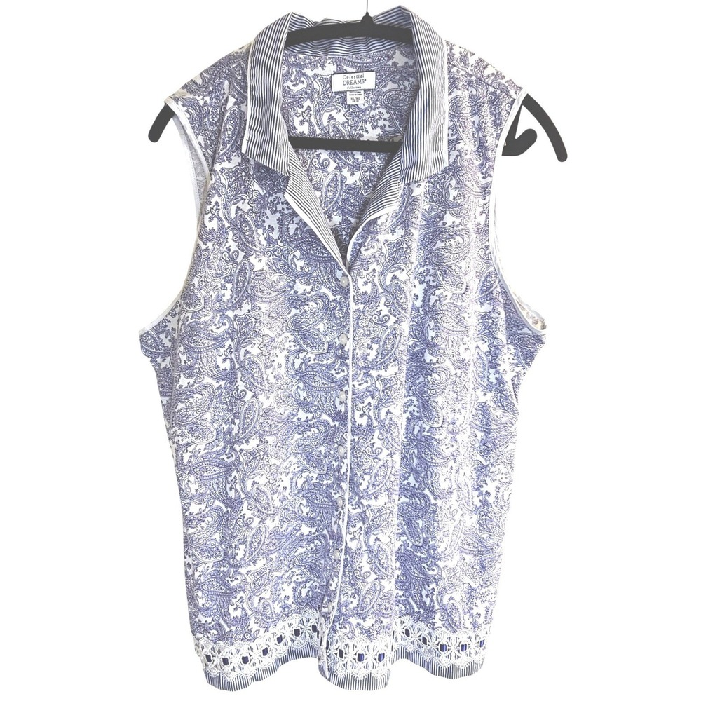Celestial Dreams Paisley Sleeveless Pajama Top Women XL Blue Lace Trim Victorian